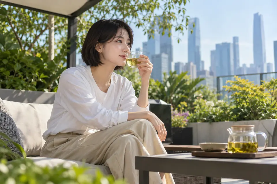 城市花园中，年轻女性手持玻璃杯冷泡茶坐在户外