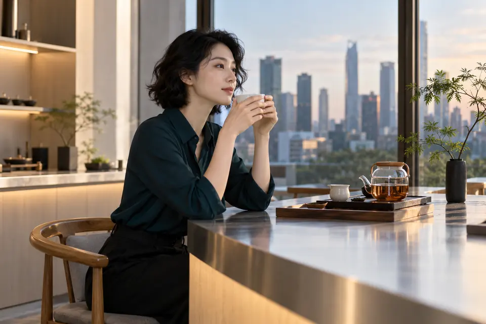 现代设计茶吧内，年轻女性在白色茶具前准备品饮