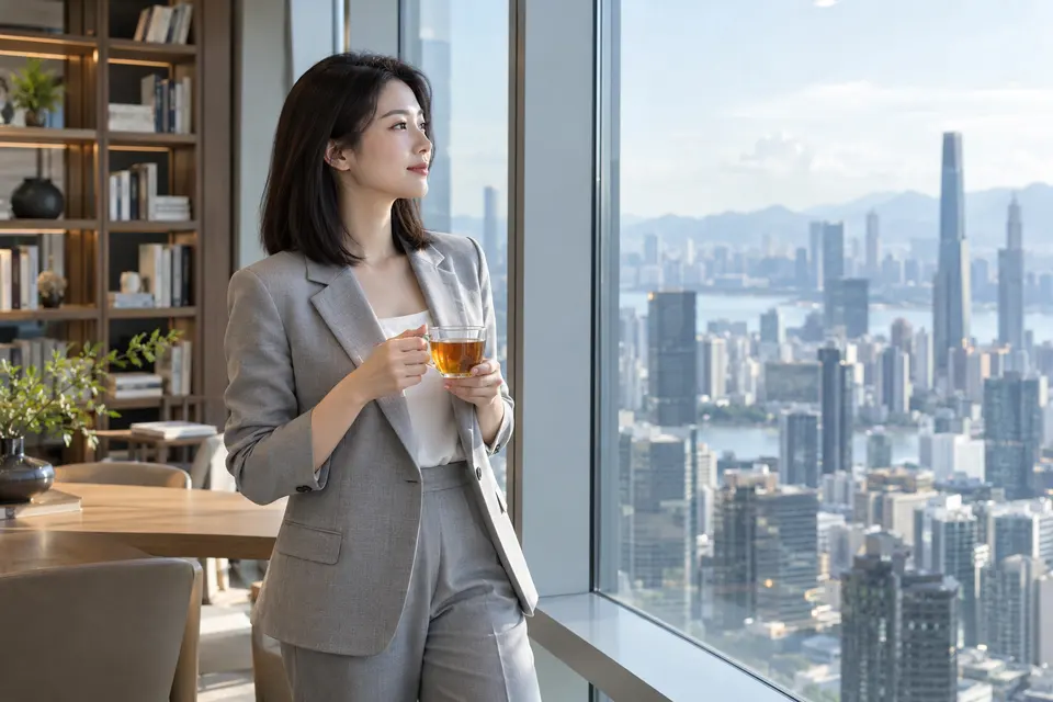 都市高层窗边，年轻女性手持玻璃茶杯阅读，午后光线落在桌面