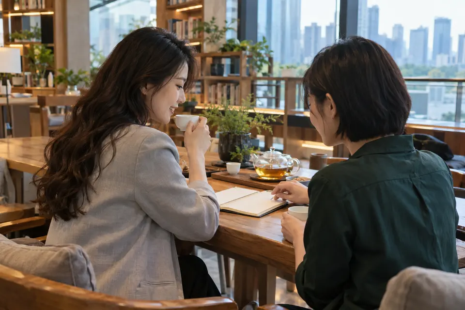 共享书房内，年轻女性一边品茶一边翻书做记录